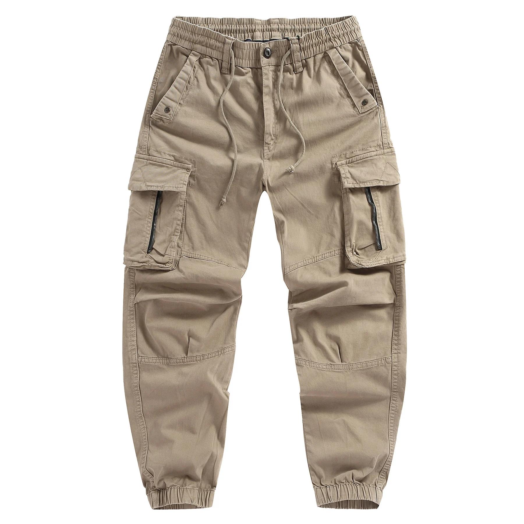 

Men s Casual Cargo Pants Solid Drawstring Multi-Pockets Cotton Full Length Jogging Trousers Male Streetwear Sports Pants 30 хаки