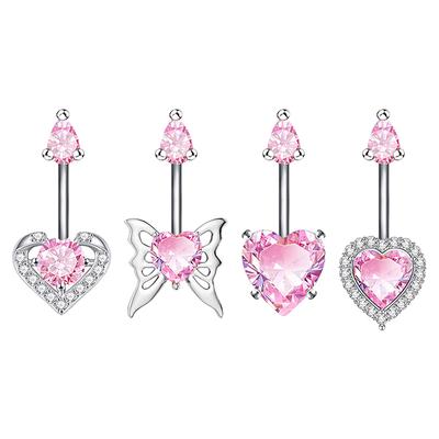 Pink Zircon Heart Belly Button Ring For Women Girls  Butterfly Navel Ring Body Piercing Jewelry Accessories
