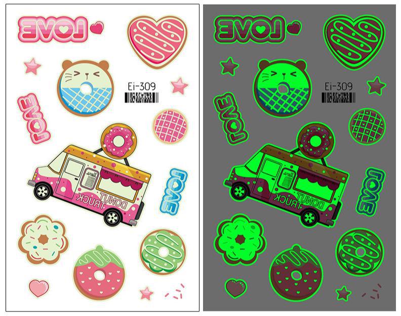 Luminous Cartoon Dessert Tattoo Stickers for Kids - Ice Cream, Donut, and Candy Themes