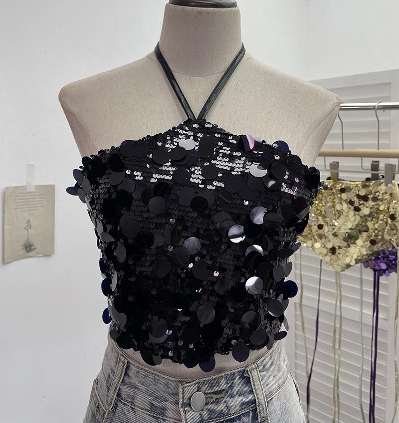 Halter Crop Top with Sequins and Open Back (Style 1083)