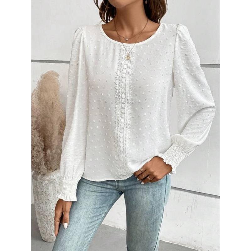 Women's Shirt Spring and Summer 2026 Round Neck Lace Casual Loose Women's Blouses Puff Sleeve Tops Vintage Elegant Solid Color Office Ladies Shirts