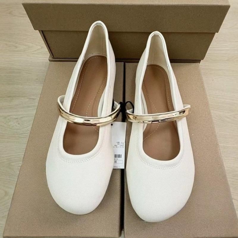 

Fashion Autumn White Women Mary Janes Shoes Metal Ring Strap Round Toe Comfort Footwear Brand Designer Non-slip Leisure Female Flats 41 бежевый