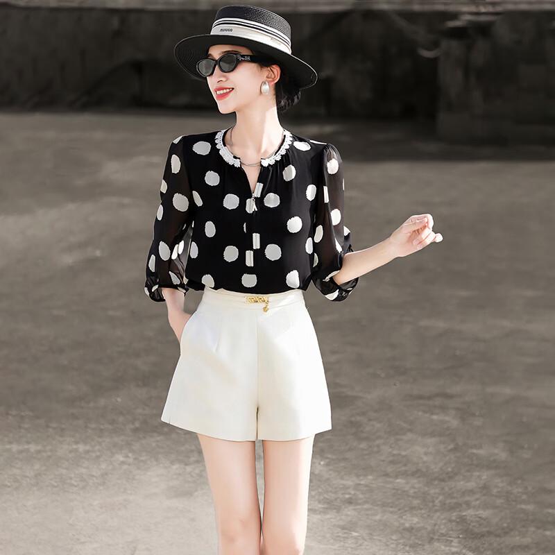 Elegant French Style Polka Dot Three-Quarter Sleeve Blouse