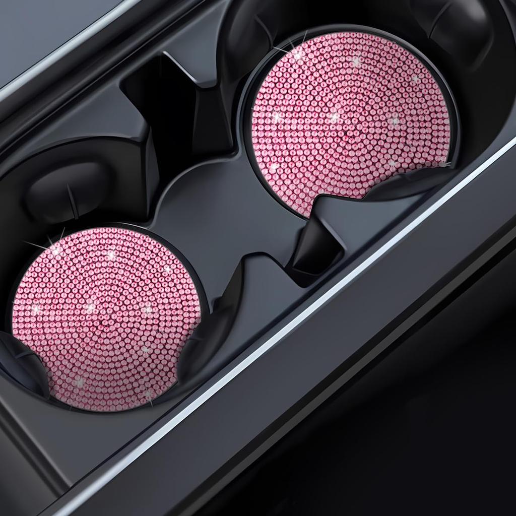 2PCS Bling Car Cup Holder Coaster, Crystal Rhinestone Non-Slip Ert Auto Cup Pads, Sparkling Vehicle Decor Bottle Mat Accessories For Women Girls,