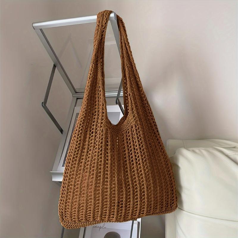 Solid Color Bohemian Knit Tote Bag Large Capacity Hollow Out Crochet for Women Birthday Holiday Gifts