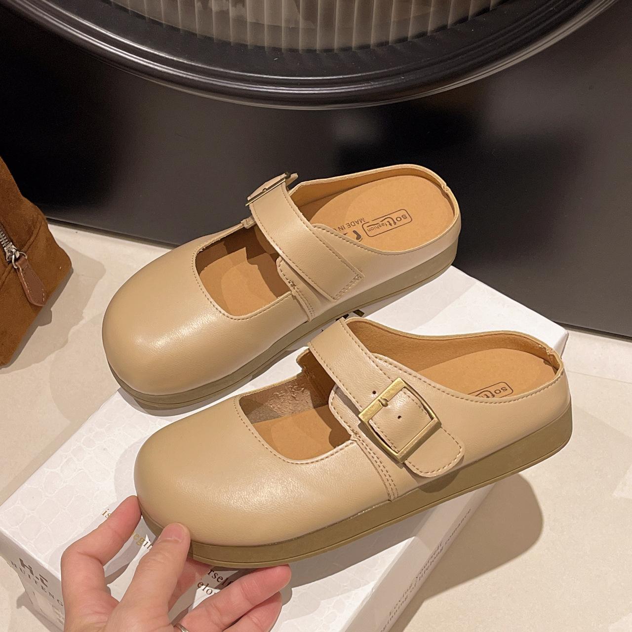 

Баотоу полутапочки женские лето 2025 новые фея ветер мягкая кожа мягкая подошва ленивые большой размер туфли плоские мюли 35 хаки