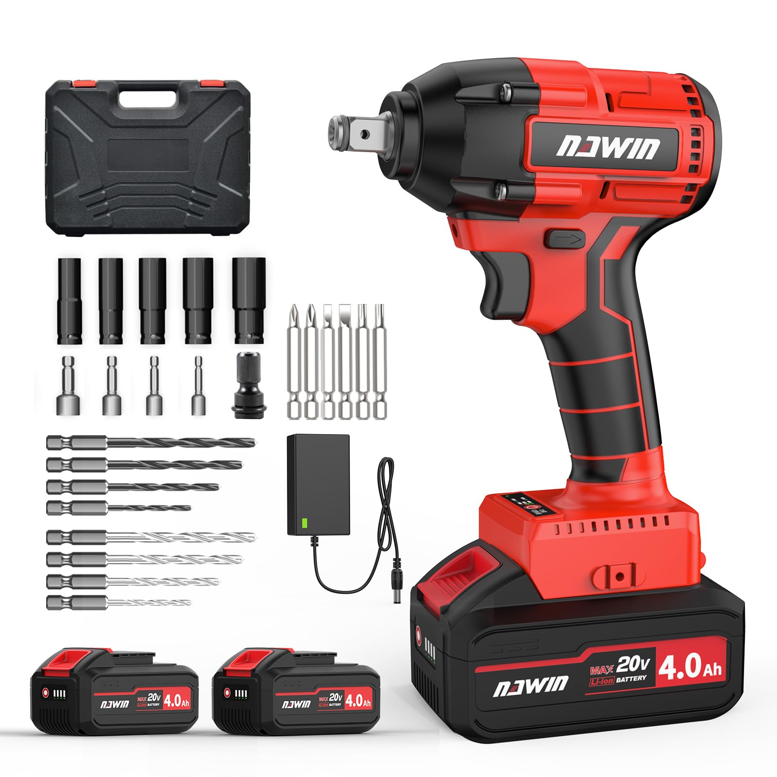 

Navin 20V Аккумуляторный ударный гайковерт Максимальный крутящий момент Бесщеточный Затягивание болтов Колесо Бесступенчатая регулировка Светодиодная подсветка Подробная инструкция Кейс для хранения 2 гаечных ключа, 320 Нм, красный