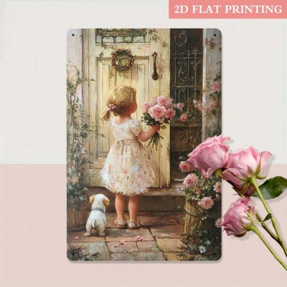 1pc Vintage 2D Iron Metal Wall Art Girl With Flowers 8x12 Inch Decorative Sign for Bedroom Garden
