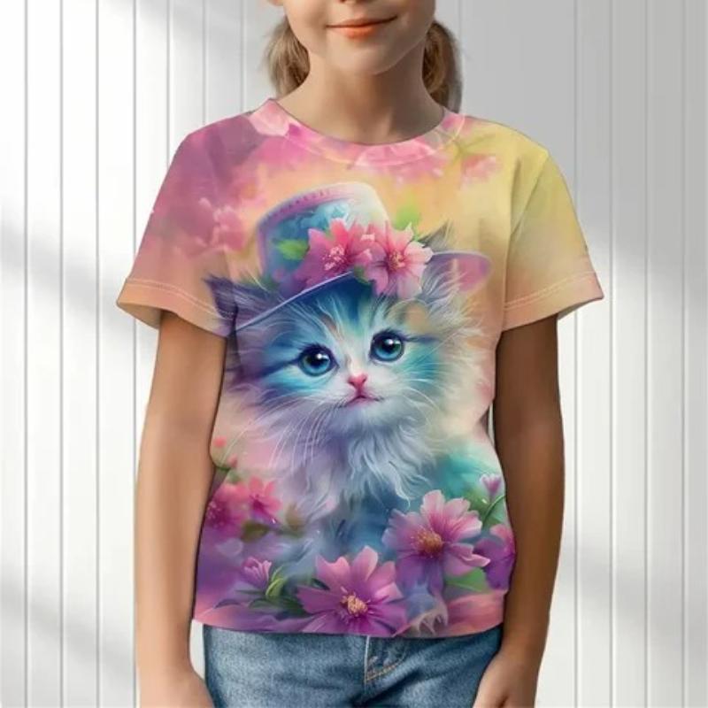 T-shirts Mignons Multicolores Tie Dye à Imprimé Chatons Dessin Animé pour Enfants Filles T-shirt Tendance Doux et Confortable