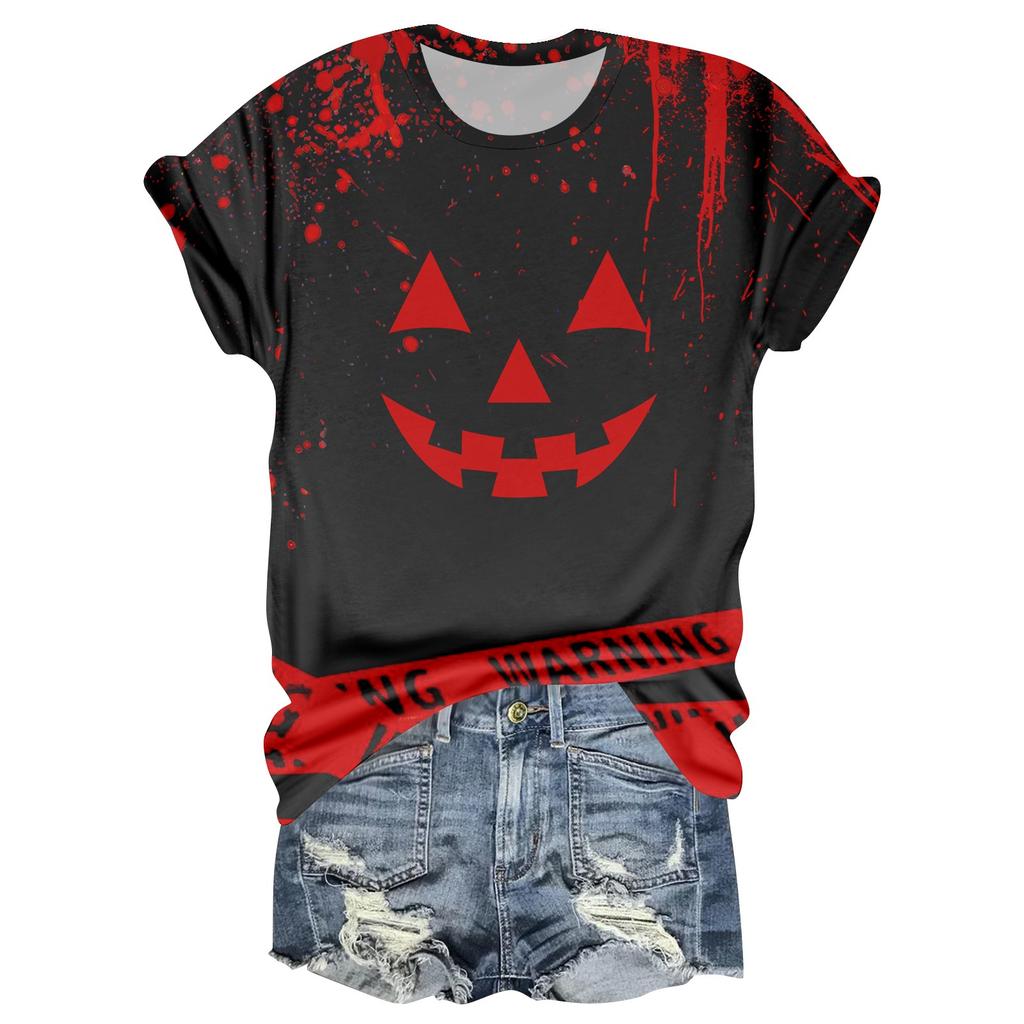 Damen Casual Rundhals Halloween-Print Kurzarm T-Shirt Top