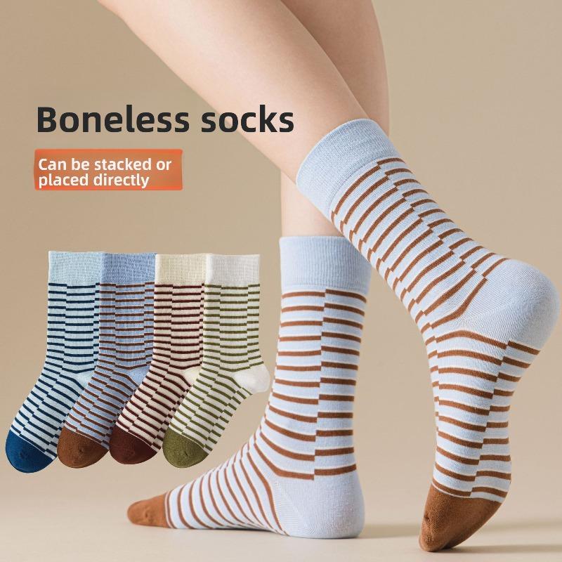 Women's Autumn and Winter Striped Mid-calf Socks, Cotton Sweat-absorbing Boneless Pile Socks, College-style Women's Socks