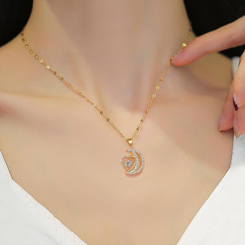 Halskette mit Mond- und Herz-Zirkon-Anhänger im koreanischen Stil, nicht verblassende Titanstahl-Schlüsselbeinkette für Damen