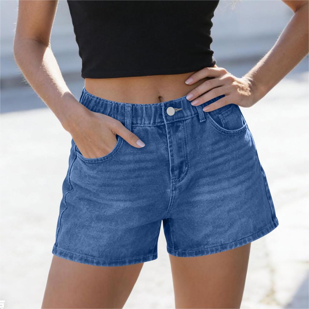 Women’s Denim Shorts High Waist Elastic Waistband Casual Loose Fit Five Pocket Design Button Fly Summer Shorts