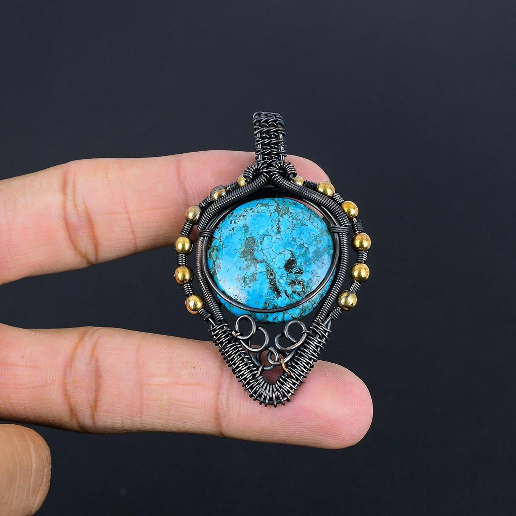 Blue Turquoise Handmade Gemstone Pendant, 999 Copper Wire Wrapped Antique Jewelry Pendant, For Engagement Gift