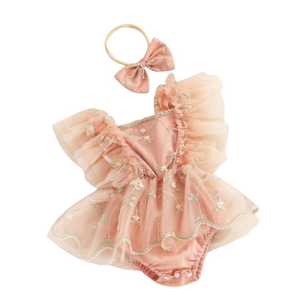 Infant Baby Girls Romper Dress Fly Sleeve Square-Neck Floral Embroidery Tulle Jumpsuit with Bow Headband