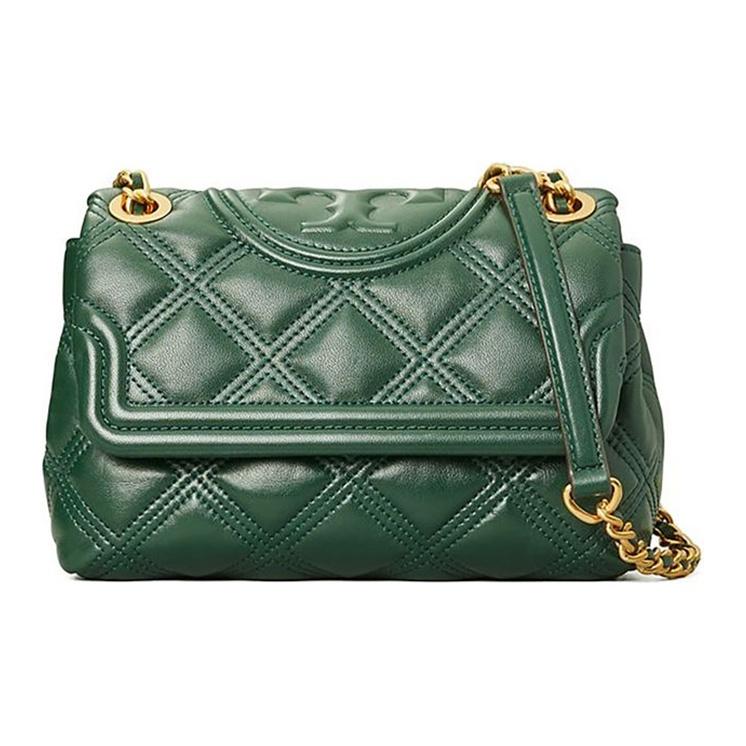 Tory Burch Fleming Diamond Quilted Embossed Print Woven Chain Leather Shoulder Bag Women Shoulder Bag Dark-Green 58102-304