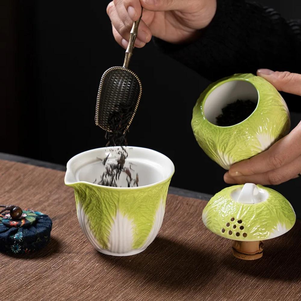 Creative Cabbage Travel Tea Set Ceramic Three Cup Outdoors Kuaike Cup Creative Portable Teaware Sets