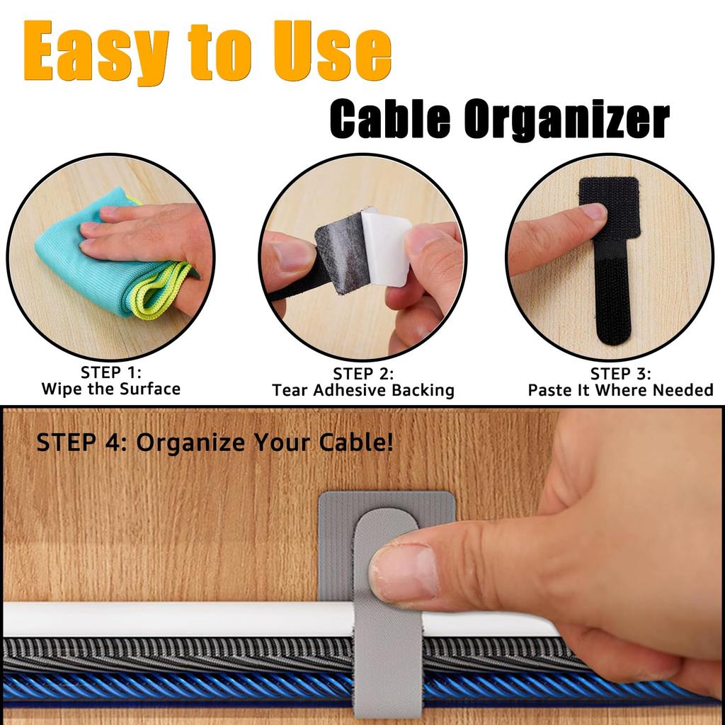 Desktop Cable Management Velcro Kit Self-Adhesive Cable Ties Reusable Punch-Free Cable Clips Gray 80PCS