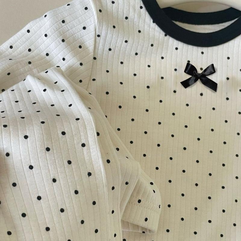 2ks/sada Korejská móda Sladké oblečení na spaní pro děti Dívky Styl černých puntíků Mašle Pyžamové sady Jaro Léto Měkká bavlna Domácí oblečení Oblečení