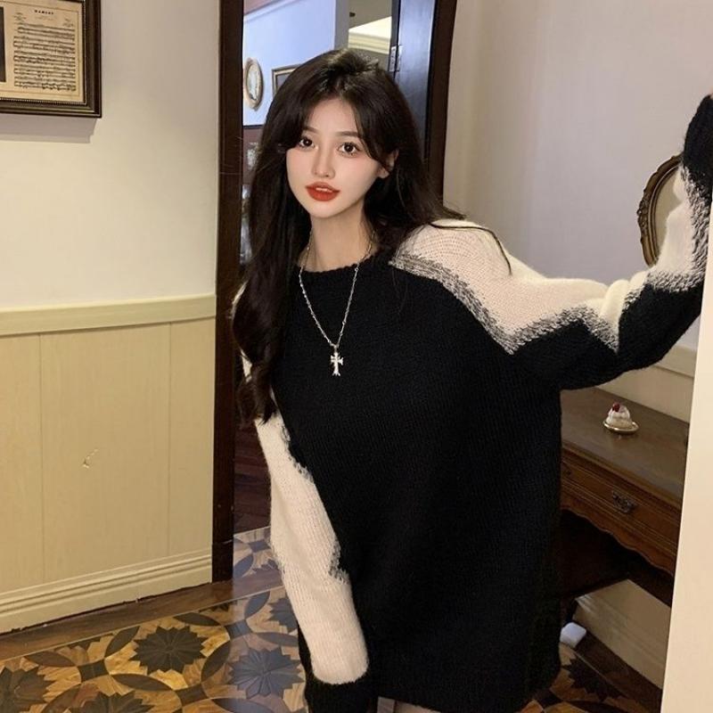 Korean Ancient Long Sleeve Color Contrast Sweater Women Autumn and Winter Splicing Loose Design Sense Minority Knitwear Pullover