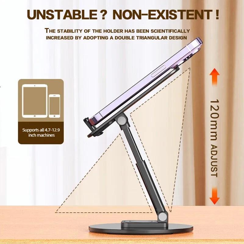Universal Phone Stand On Desk 360° Rotating Multi-Angle Non-Slip Metal Base Foldable Desktop Holder For iPhone Xiaomi Samsung