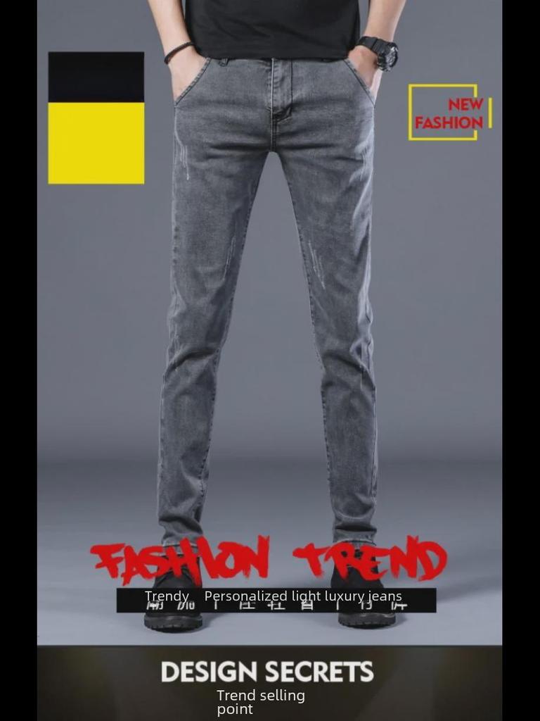 Jeans Masculino da Moda Estilo Coreano Elástico Ajuste Slim Skinny