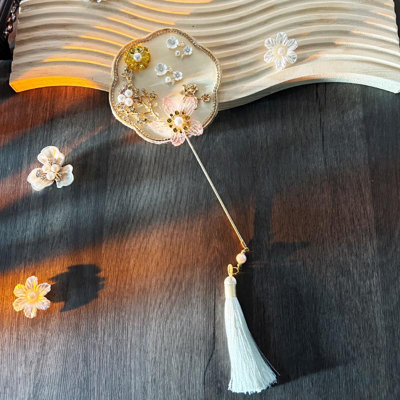 Chinese Style Embroidery Fan With Ancient Style Long Handle Tassel Mini Wedding Fan Chinese Hanfu Cheongsam Dance Hand Fan