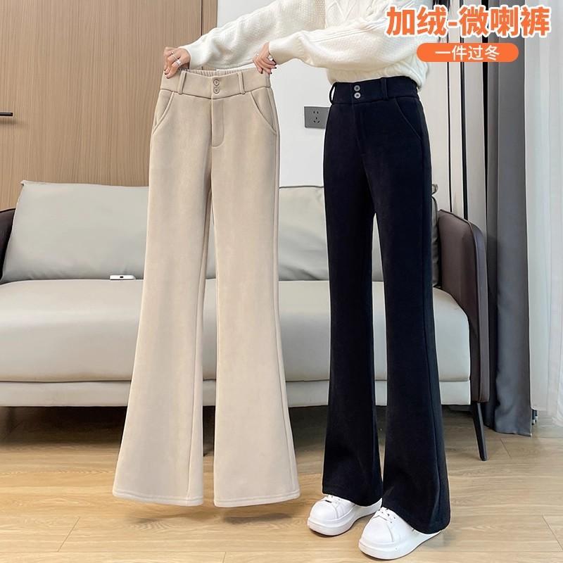 Autumn Winter High Waist Solid Color Casual Fashion Velvet Flare Pants Women Warm All-match Corduroy Trousers