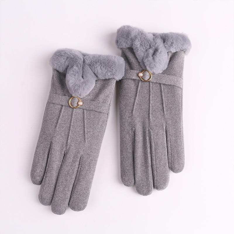 Autumn and winter suede gloves women's warm touch screen gloves imitation Rex rabbit hair mouth piled thickened cold-proof gloves