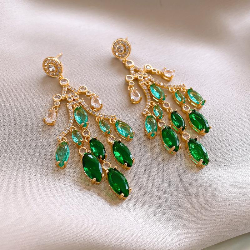 Silver Needle New Chinese Zircon Leaf Water Drop Earrings Light Luxury Premium Sense Earrings Retro Court Style Temperament Earrings Women