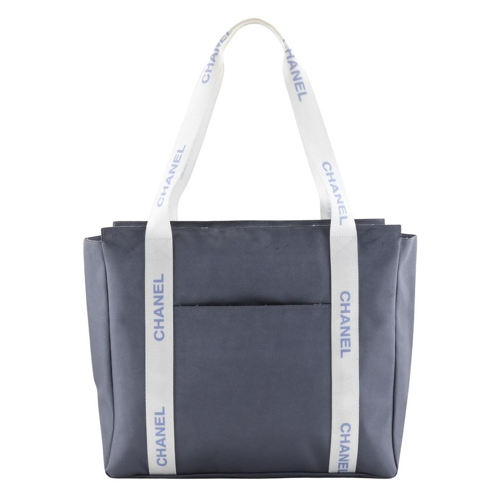 Chanel Logo Tote Bag Sports Line Gray Nylon Women Used