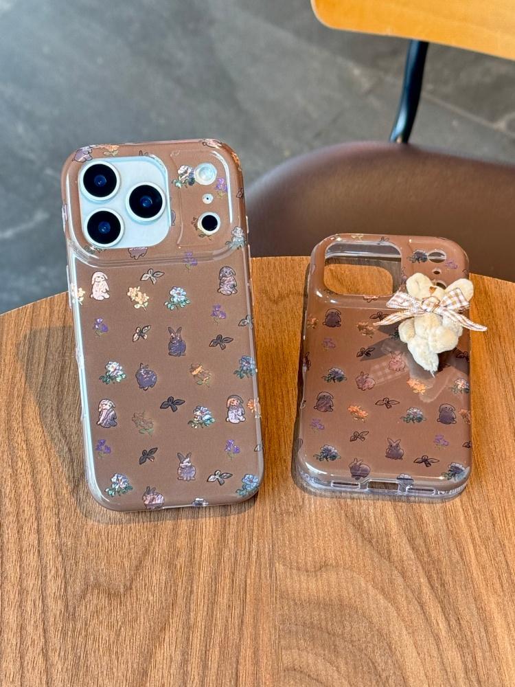 Kawaii Bunny Pattern with Plush Rabbit Charm Cute & Unique Phone Case for iPhone 17 16 15 14 11 12 13 Pro Max Plus Back Cover
