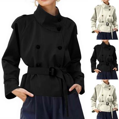 Women's Fashion Stand Collar Double-Breasted Waist-Defining Belted Short Trench Coat