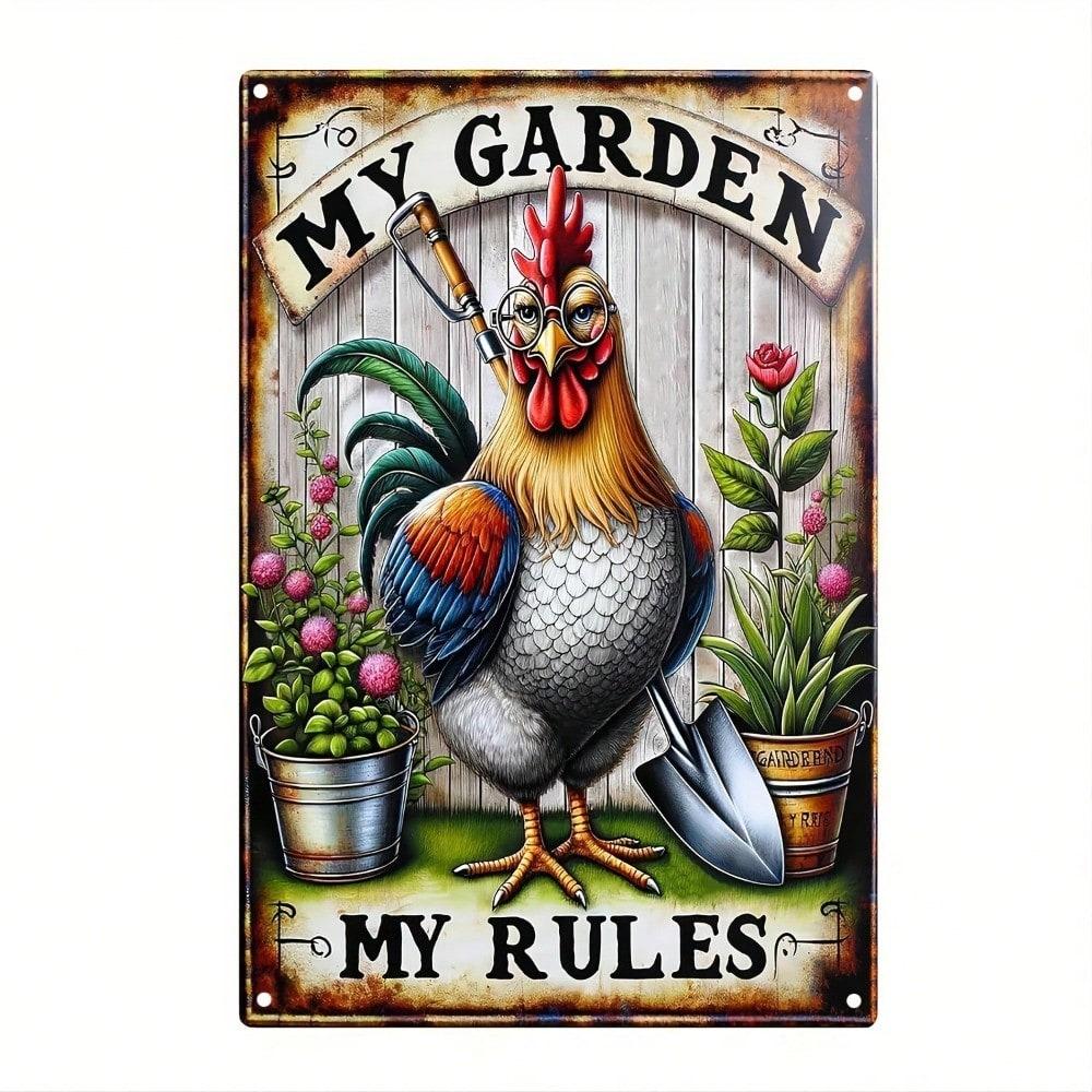 Vintage Gardener-Centric Metal Sign My Garden My Rules Rooster Design Outdoor Garden Decor Statement Accent 20x30cm(7.8x11.8inch)