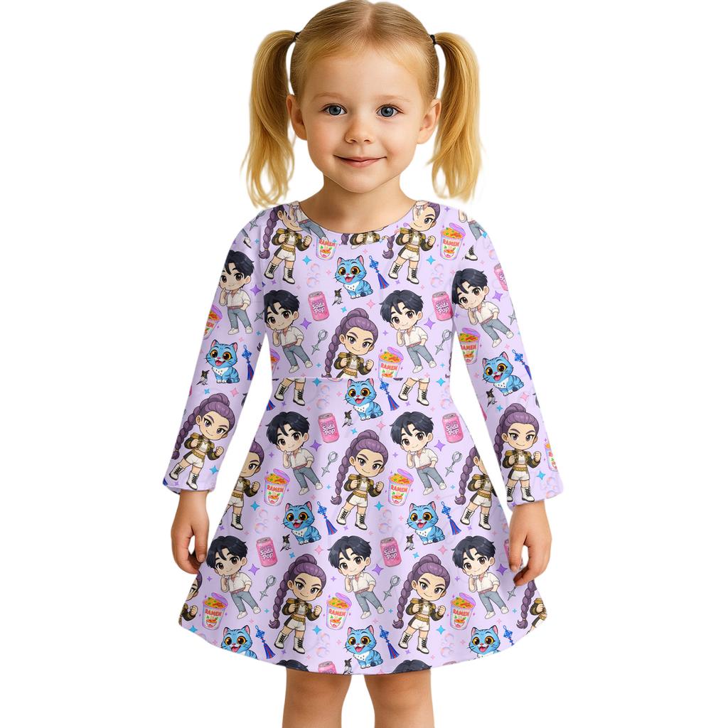 Kids Girls Casual Daily Dress Cute Cartoon Print Long Sleeves Dance Wear Princess Dress  2-12 Years