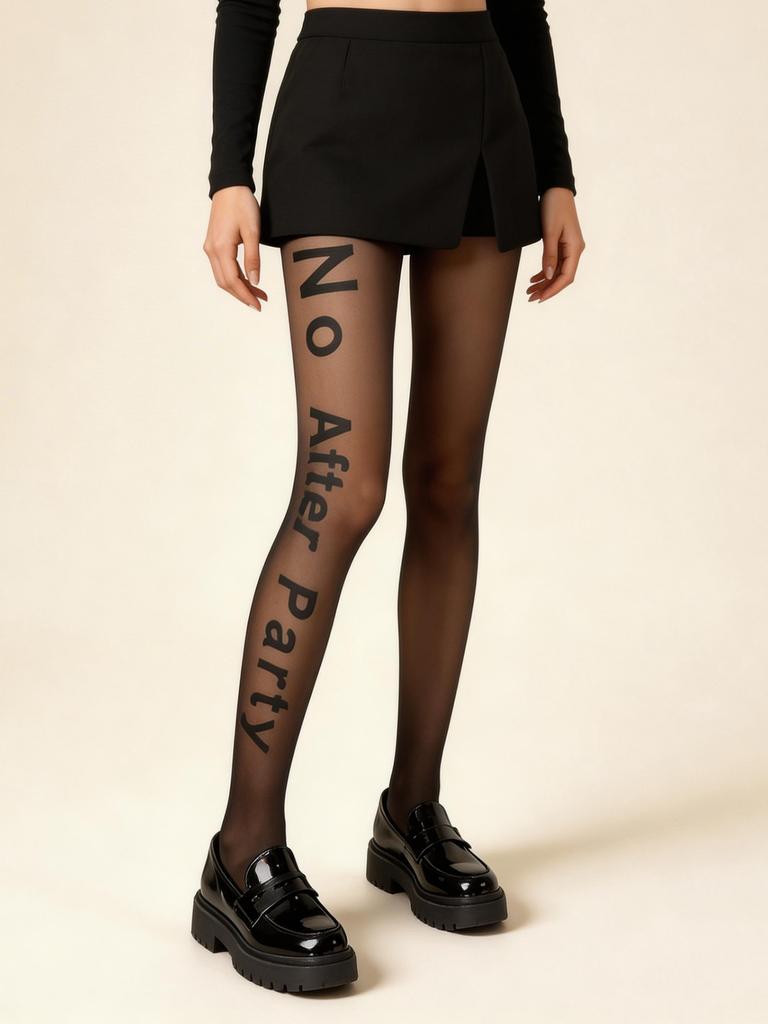 1 Pc Women'S Black Sheer Tights Letter Print, Versatile Hosiery For Daily Casual Wear & Subculture Outfits