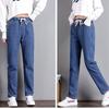 נשים ג'ינס עם מותניים גבוהים ישר מזדמנים מכנסיים קשירה מותניים אלסטיות רטרו כחול בתוספת גודל בגדי רחוב רחבים