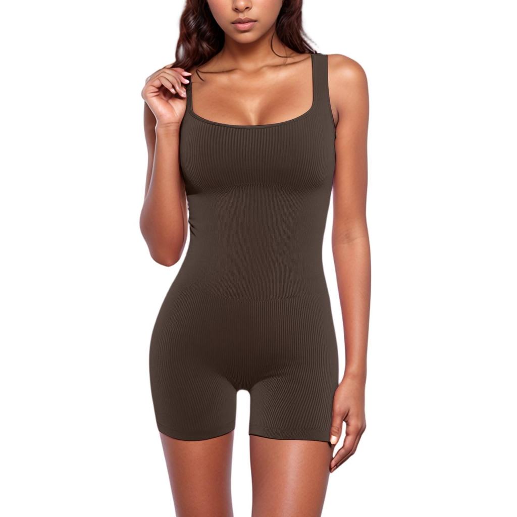 Damski bezrękawnik bez rękawów, kombinezon z kwadratowym dekoltem i podnoszeniem bioder, obcisły seksowny kombinezon z krótkimi spodenkami