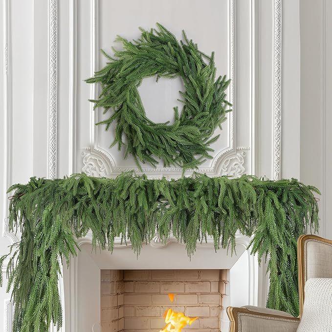 1/1.8 Meter Christmas Pine Garland for Xmas Artificial Norfolk Pine Garland for Table Wall Indoor Outdoor Christmas Decor