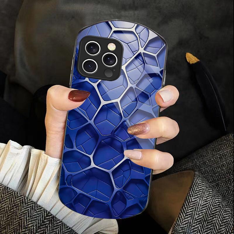 Cool Honeycomb Color For Iphone 11 12 13 14 15 16 Pro Max Plus Mini 7 8 Se 2020 X Xs Xr Elliptical Tempered Glass Phone Case
