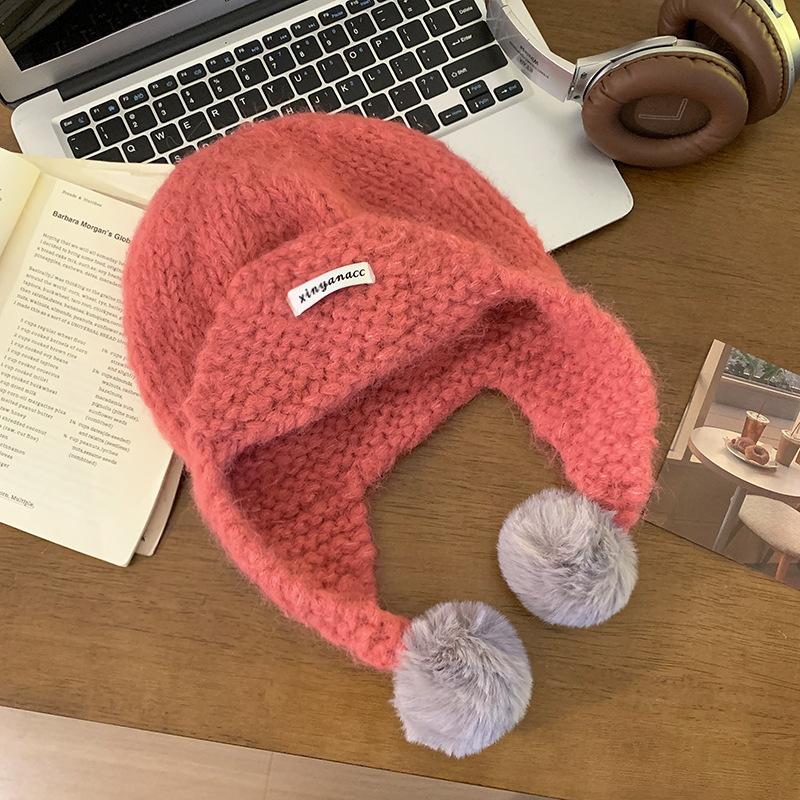 Cute green knitted hairball ear protection hat women's autumn and winter Korean flying hat wool hat warm Lei Feng hat tide