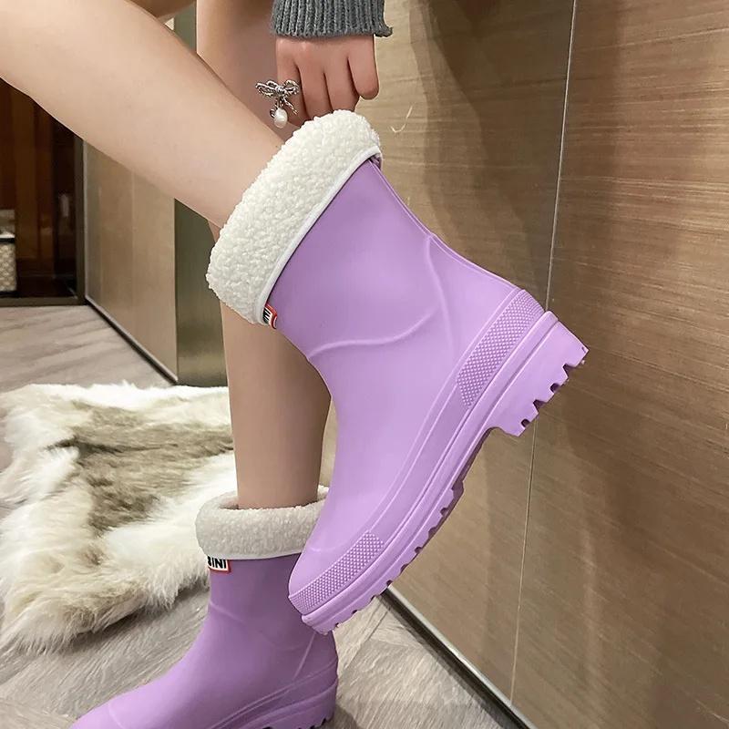 Winter Preppy Style Women's Fleece-Lined Rain Boots Anti-Slip Rubber Shoes Fashionable Outer Wear Adult Beautiful Waterproof