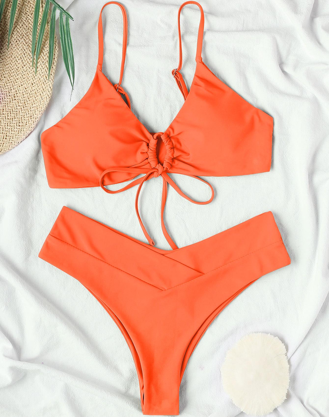 

Женский купальник, сплошной цвет, завязка спереди, сексуальные стринги бикини, бразильская пляжная одежда, купальные костюмы, 8 цветов M оранжевый