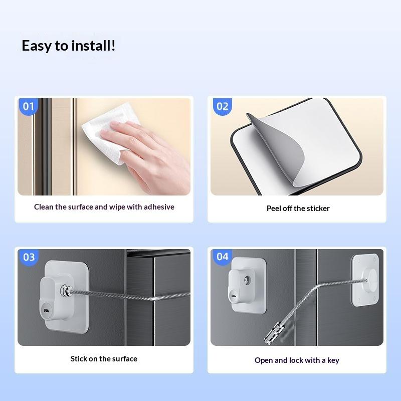 Combination Refrigerator Lock No Drill Adhesive Mount Heavy Duty Steel Cable for Home Kitchen Fridge Cabinet Drawer
