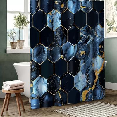 1pc Modern Blue Gradient Honeycomb Shower Curtain - Golden Accents, Includes Hooks, Stylish All-Season Bathroom Decor