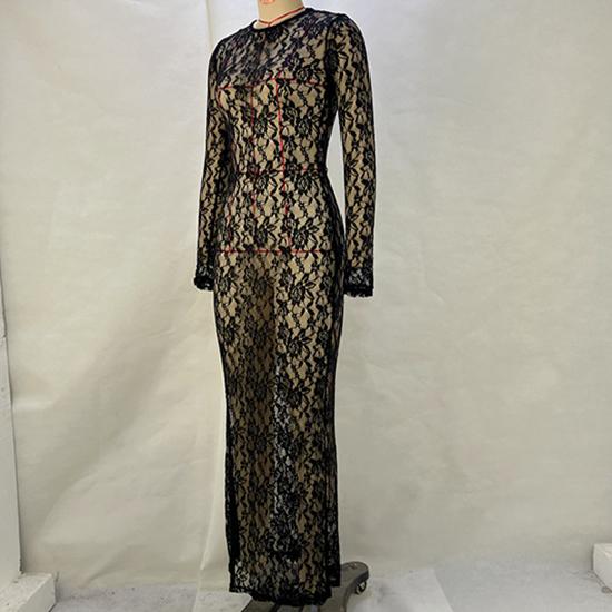 Spring and Summer European and American Women's Solid Color Lace See Through Long Sleeved Mid Length Dress, Vacation Long Dress