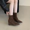Suede Brown Pointed Toe Wedge Short Boots Rear Zipper Thin Boots Thin Autumn and Winter Women's Short Boots