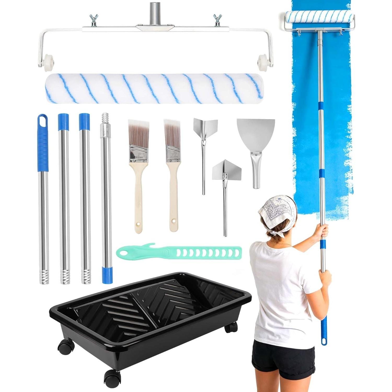 18 inch Large Paint Roller Set, 13pcs Roller Sets for Painting - 4 Extension Pole, Paint Roller Tray with Wheels, 2 Brushes, 5” Putty 13-Pack