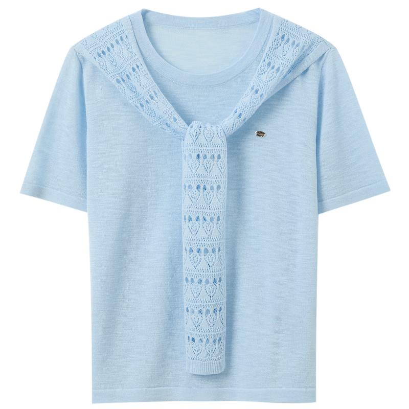 Sancai 2026 Summer Crochet Knit Short Sleeve Top S