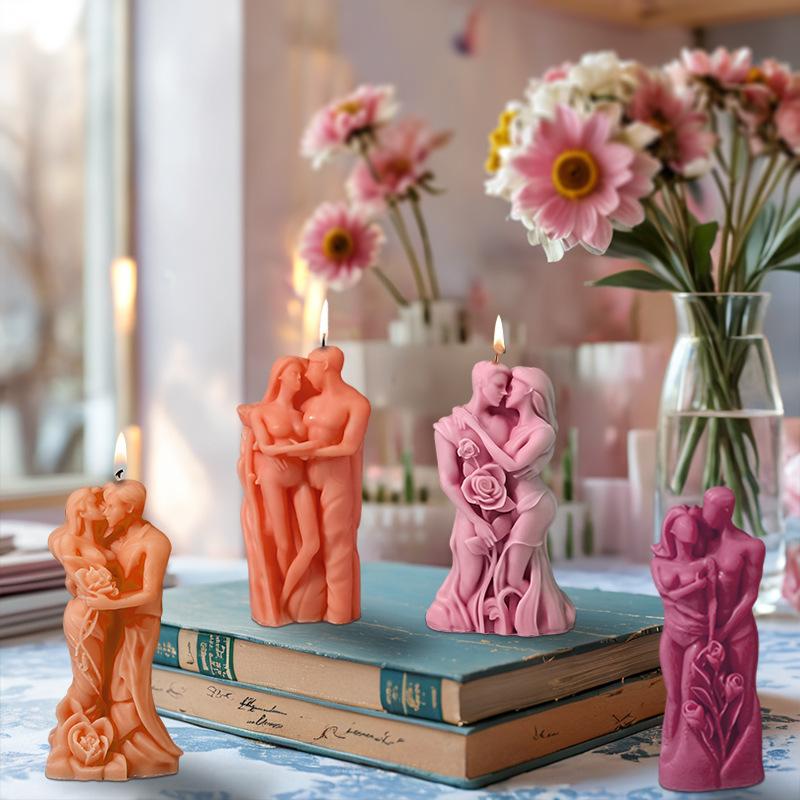 3D Valentine's Day Candle Mold DIY Handheld Rose Couple Kiss Sculpture Aromatherapy Gypsum Mold Chocolate Cake Baking Decor Gift